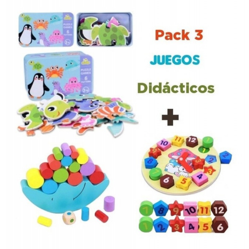 Pack 3 Juguetes Reloj + Puzzle + Equilibrio Madera